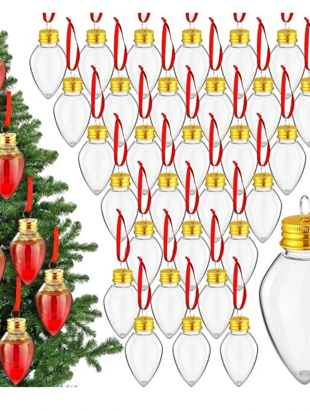 Clear Bulb Ornament Set with Gold Caps and Red Ribbons. 48 Pieces. NWT.